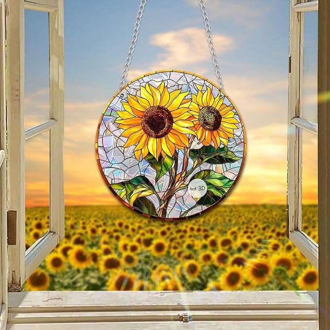 Acrylic Suncatcher Window Hanging, Sunflower Sun Catcher Rainbow Indoor Window Decoration for Living Room Bedroom Summer Home Balcony Ornaments, 7.87 inches