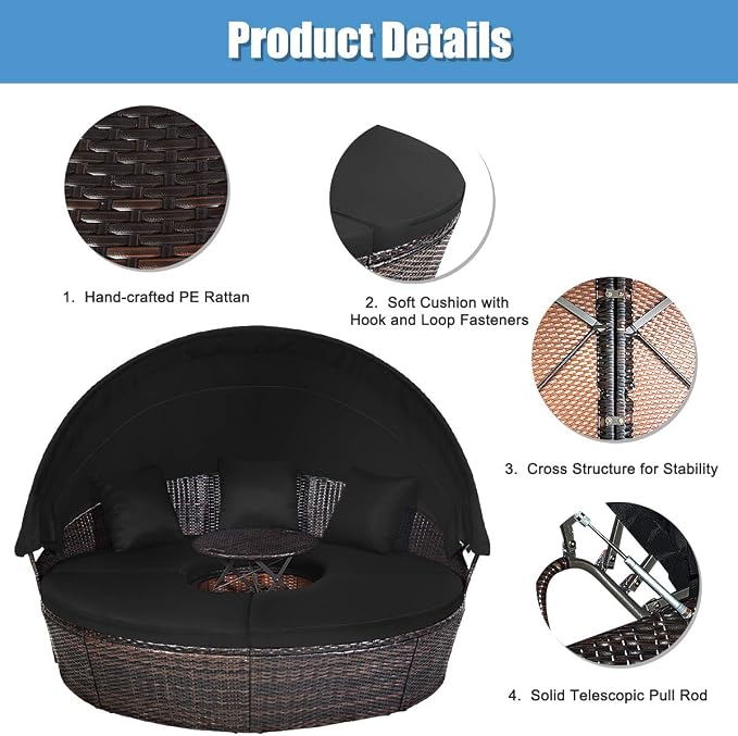 RELAX4LIFE Round Outdoor Daybed with Canopy, Rattan Wicker Sectional Sofa Set w/Cushions, Height Adjustable Table, Conversation Bed Lounger Separated Seating for Outside Pool, Patio Daybed (Black)
