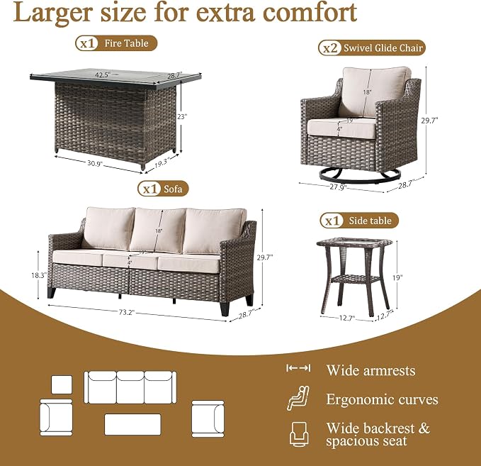 Luxury Patio Furniture Fire Pit Table Set - 5 Pieces All Weather Wicker Outdoor Couch and High Back Swivel Rocker Patio Chairs with fire pit for Deck Yard and Poolside Gray Wicker | Beige Cushions