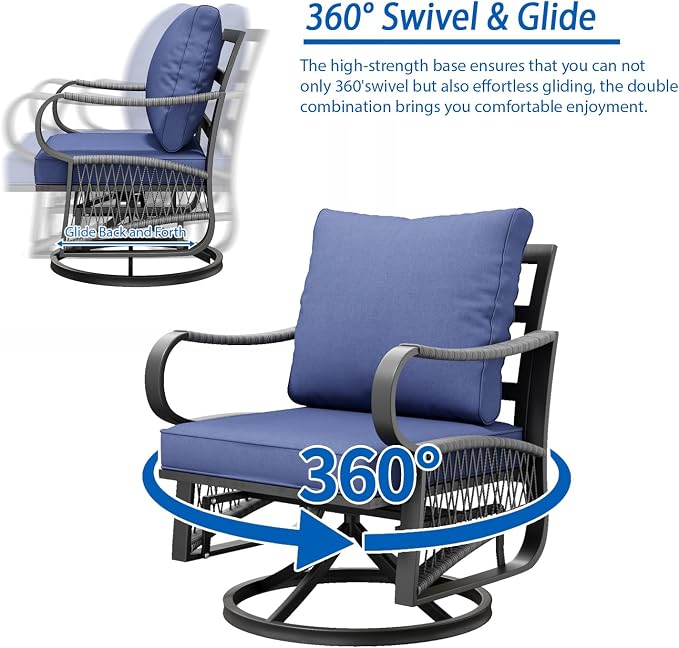 9 Piece Patio Furniture Set, 4 Single Swivel Chairs, Rope Braided Exposed with Thick Cushions, Outdoor All Weather Patio Conversation Sectional Sofa Set for Garden, Porch, Lawn, Blue