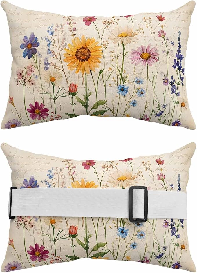 Spring Floral Outdoor Lumbar Pillow 12x20 Inch, Vintage Pastoral Rustic Botanical Flowers Waterproof Throw Pillow Covers with Insert, Decorative Headrest Pillows for Office Car Travel