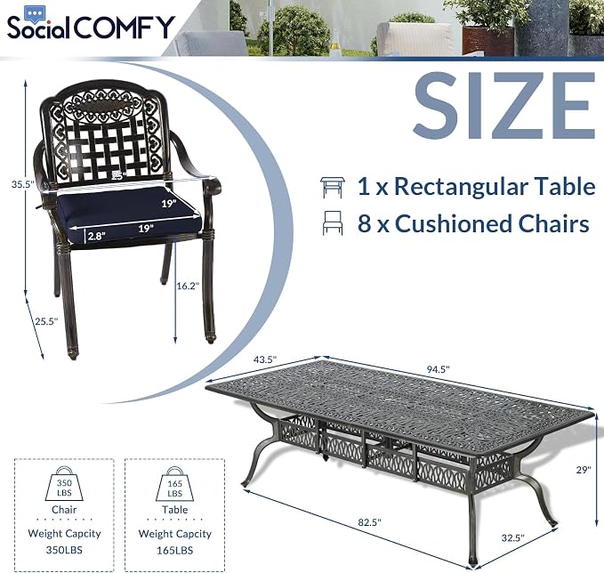 9-Piece Patio Cast Aluminum Dining Set, Outdoor Table and Chairs Set for 8, Includes 94.5" Rectangular Dining Table and 8 Cushioned Chairs with Umbrella Hole for Lawn Garden, Navy Blue