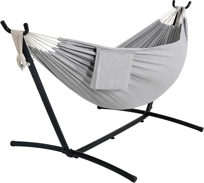Lazy Daze Portable Hammock with Stand, Free Standing Hammocks for Indoor Outdoor Patio Yard, Has a Carrying Bag and Pillow, 9ft Hamacas Heavy Duty 2 Person Amaca 450 lbs Capacity(Light Gray)