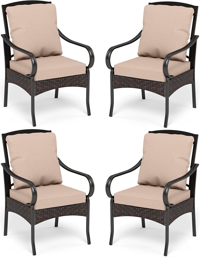 PHI VILLA Patio Dining Chairs Outdoor Wicker Chairs Set of 4 with Cushions | Heavy Duty Outdoor Metal Wicker Dining Chair with Padded Cushions, Large All Weather Wrought Iron Patio Chair for Balcony