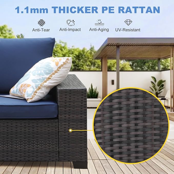 Patio Furniture Set, 10 Pieces Outdoor Couch Sofa with Wider Armrests & Glass Coffee Table, Outdoor Sectional Furniture with Thick Cushions for Party, Poolside,Garden-Navy