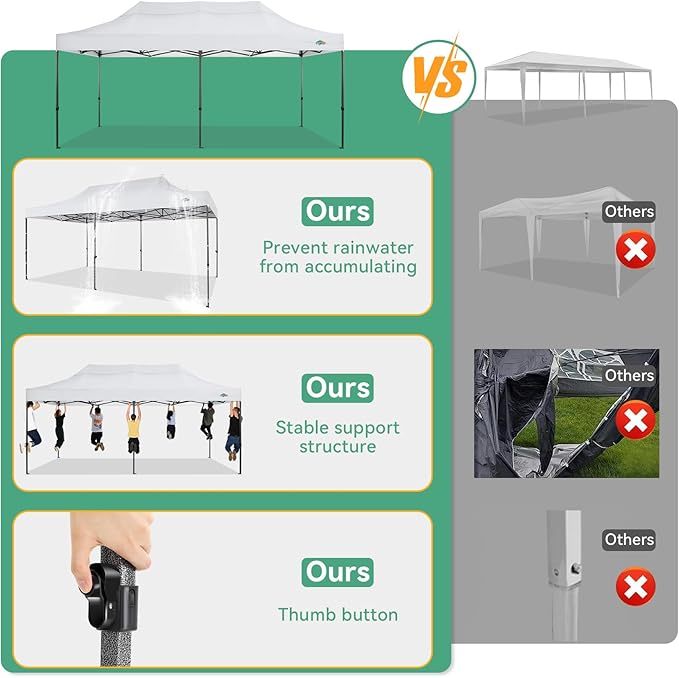 COBIZI 10x20 Pop up Canopy Tent Heavy Duty, Easy Set-up Commercial Outdoor Party Tent, 100% Waterproof Wedding Tents Gazebo, 3 Height Adjustable with Wheeled Bag, Clean White