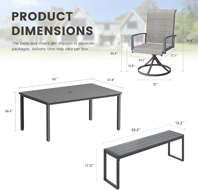 6 Pieces Outdoor Dining Set, Patio Table and Chairs Set with Garden Bench for 6-7 People, 63" Outdoor Dining Table and Padded Swivel Patio Chairs for Deck Backyard, Grey and Dark Grey