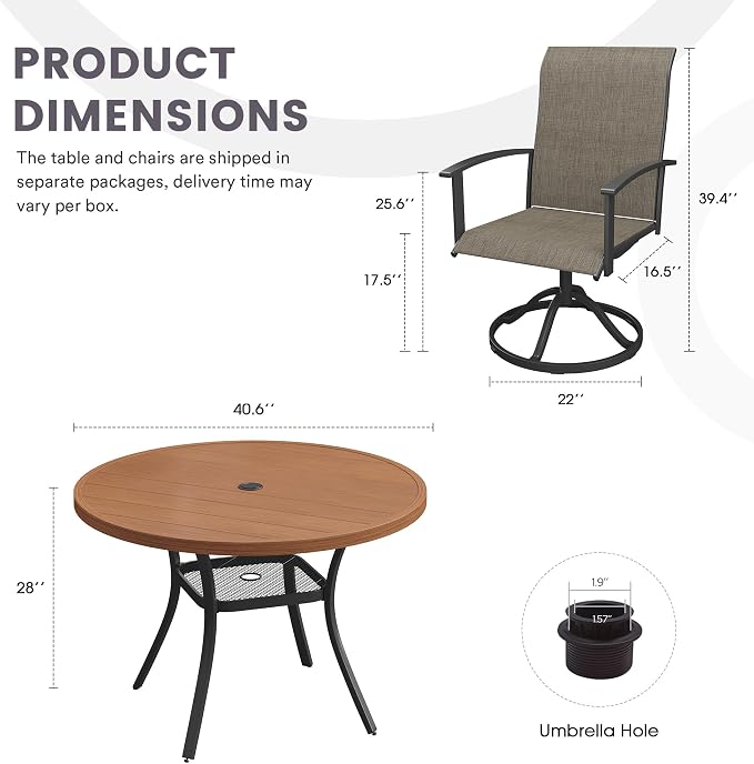 5 Pieces Outdoor Patio Dining Set, 40.6" All Weather Round Metal Table with Umbrella Hole and Storage Shelf, 4 High Back Textilene Swivel Chairs for Garden, Lawn, Walnut Table & Brown Chairs