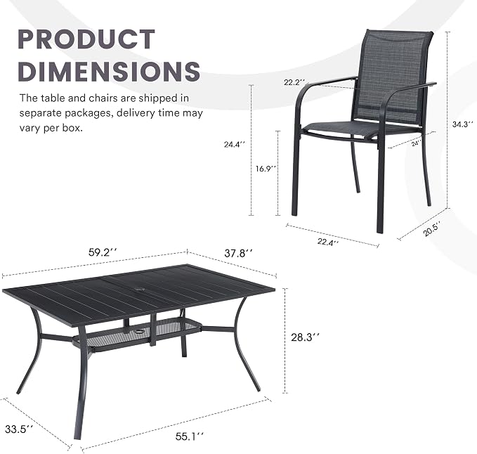 7 Pieces Patio Dining Set, 59" Rectangular Dining Table with Umbrella Hole, 6 Stackable Textilene Fabric Chairs, Metal Structure for Patio, Porch, Garden(Black Table, Grey Chair)