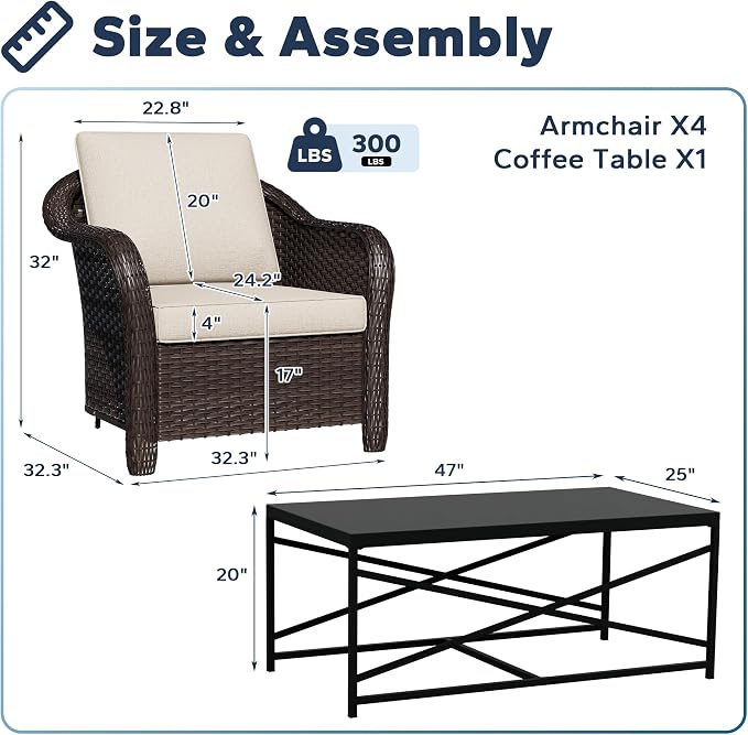 5 Pieces Outdoor Patio Conversation Furniture Set with Removable Covers, All-Weather PE Rattan, 4 Steel Frame Wicker Chairs with Cushions, 47" Metal Coffee Table for Yard (Beige)