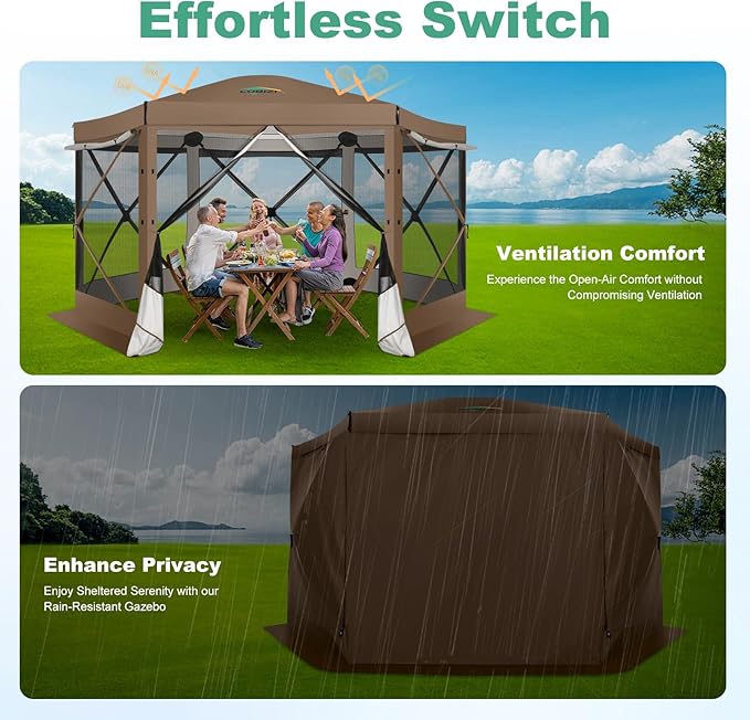 COBIZI 12x12 FT Pop Up Canopy Stargazing Tent, Gazebos On Clearance with Removable Roof, Screened in Gazebo, Screen Tents Portable carpas para Patio for Outdoor Camping,Backyard,Garden,Brown(Pro)