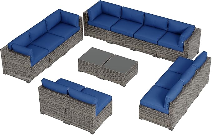 Aoxun Patio Furniture Sets, 14-Piece Outdoor Patio Furniture with 44'' Propane Gas Firepit Table, Wicker Outdoor Conversation Set Sectional Sofa for Backyard, Poolside, Garden