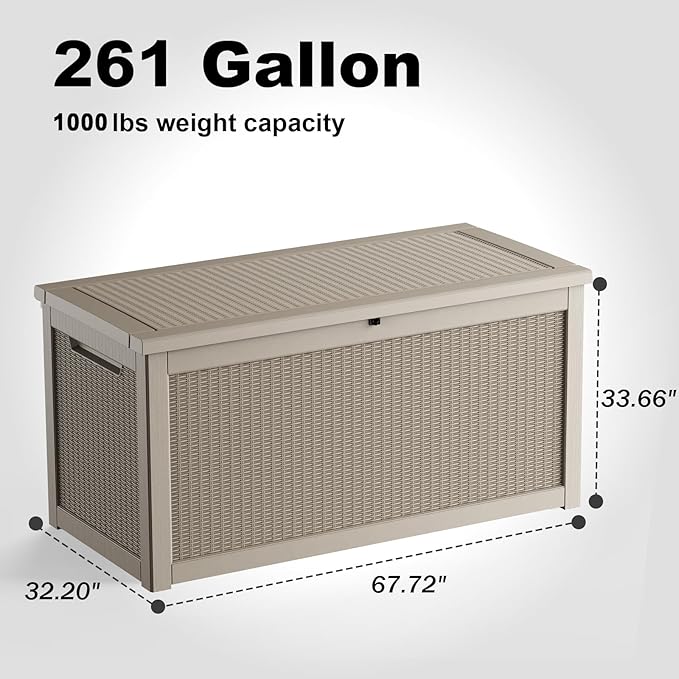 261 Gallon Outdoor Deck Box, Lockable Waterproof Outdoor Storage Boxes For Garden Tools,Indoor Cushions,Accessories Outside Storage Resin Weatherproof Container(Grey)