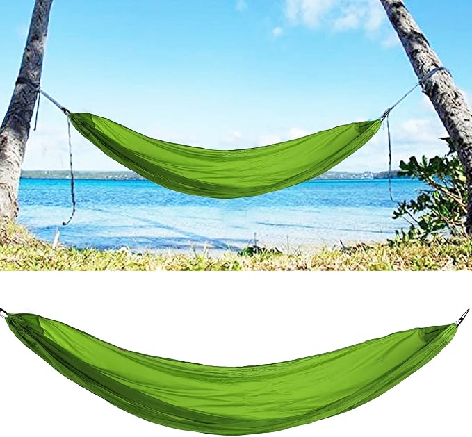Portable Parachute Camping Hammock, Lightweight Outdoor Hammock with Aluminum Snap Hooks and Storage Bags, Compact Foldable Design for Hiking Backpacking Travel (Grass Green)