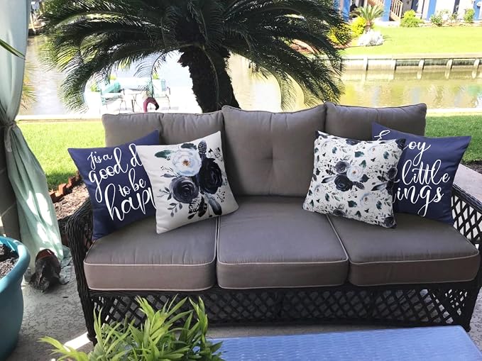 Merrycolor Set of 4 Outdoor/Indoor Pillow Covers 18x18 Waterproof Navy Blue and White Floral Decorative Pillow Covers Outdoor Pillows for Patio Furniture