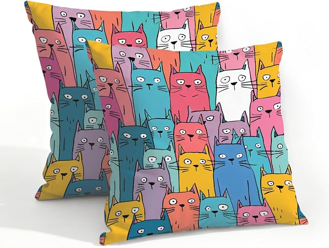 20x20 Inch Outdoor Pillow Covers Set of 2 Waterproof Throw Pillow Covers Decorative Couch Cushion Covers Colorful Cats Pattern Square Pillowcases Protectors for Patio Garden Sofa