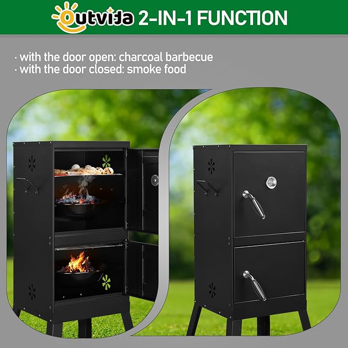 40" Vertical Steel Charcoal Smoker Grill,Heavy Duty BBQ Grills,Outdoor Camping Backyard Barbecue Grill,Metal Barbecue Smokers,with Thermometer,for Patio Garden Beach Porch Lawn Yard (Black)