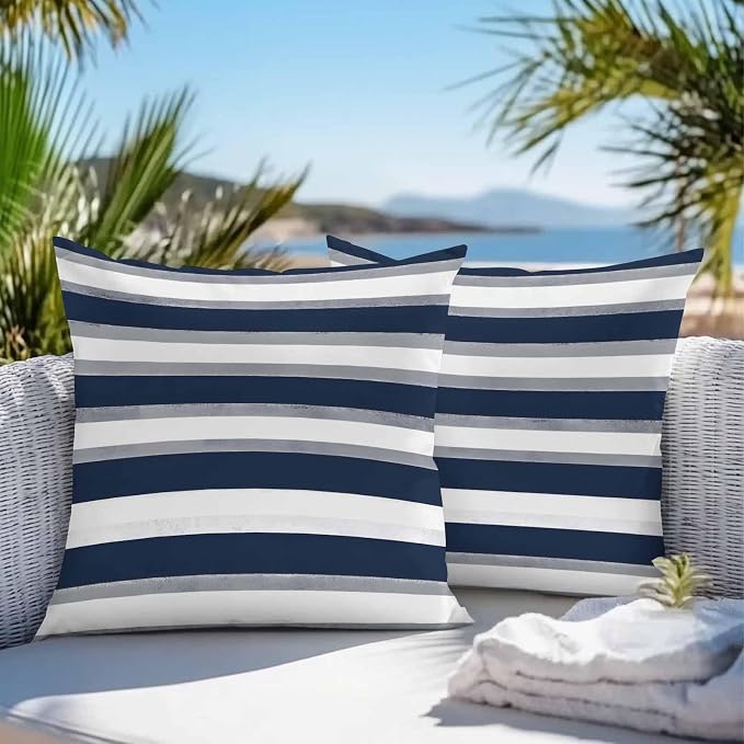 Minimalist Blue Grey White Line Outdoor Pillow Covers 16x16in Pack of 2 Waterproof Pillowcase Classic Colorful Ombre Stripe Decorative Throw Cushion Case for Patio Couch Sofa