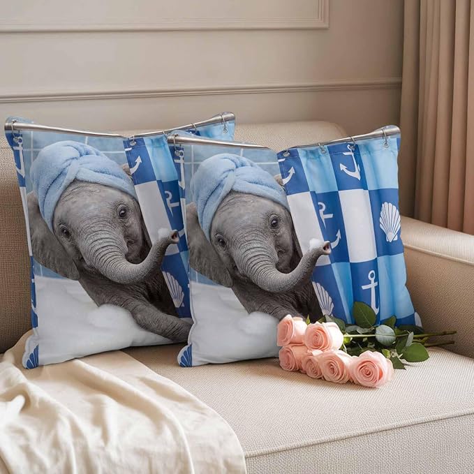 Bathing Elephant Waterproof Outdoor Pillow Covers Set of 2 Home Decor, Funny Animal Showering Pillowcase Patio Pillow Covers for Couch Bench Patio Furniture Garden 18x18in