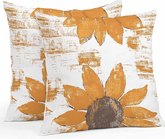 Vandarllin Outdoor Throw Pillows Covers 16x16 inch Set of 2 Waterproof Orange Sunflower Decorative Zippered Cushion Covers for Patio Furniture, Flower Field Lumbar Pillowcases