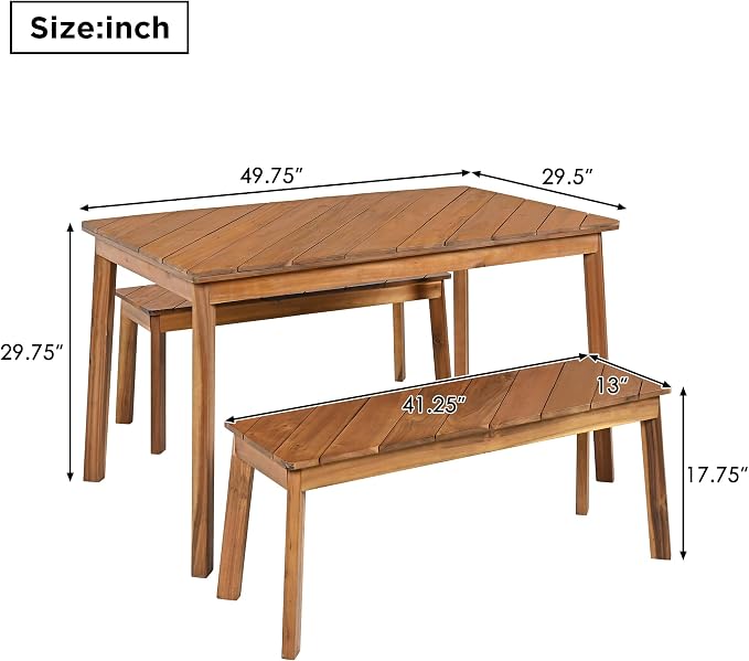 Acacia Wood Dining Table Set with 2 Benches, 3 Piece Kitchen Table Set for 4, Outdoor Indoor Dining Table for Small Space, Picnic Beer Table with Adjustable Foot Pads, Acacia Wood Color