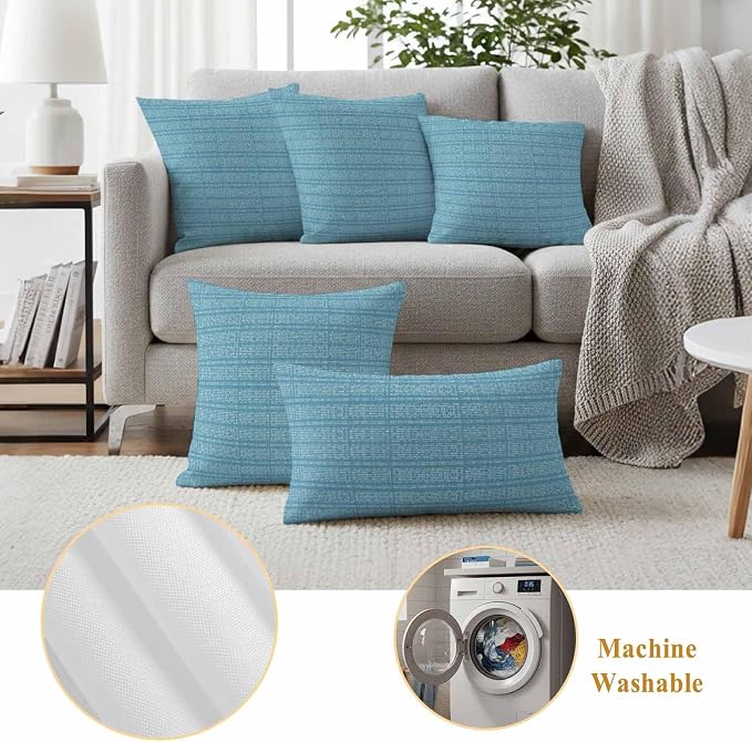 Outdoor Waterproof Throw Pillow Covers Set of 2 Teal Stripes Grain Lumbar Pillowcases 20x12 Inches Solid Color Decorative Pillows Cushion Case Patio Pillows for Couch Bed Chair Garden