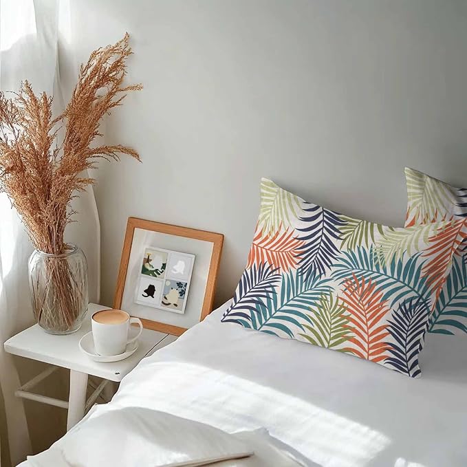 Green Blue Palm Leaves Outdoor Pillow Covers 20"x12" Set of 2, Summer Botanical Vintage Tropical Leaf Rustic Waterproof Throw Pillow Covers for Patio Furniture, Decorative Cushion Covers for Porch
