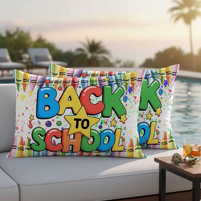 Outdoor Waterproof Pillow Covers for Patio Back to School Decorative Throw Pillow Cover Colorful Crayon School Season Pillowcases Set of 2 Cushion Case for Sofa Couch Chair 12x20 Inch
