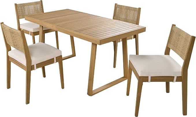 LUMISOL 5 Piece Outdoor Dining Table Set, Acacia Wood Dining Table and Chairs Set with Thick Cushions, Farmhouse Kitchen Table Set for Indoor and Outdoor, Beige