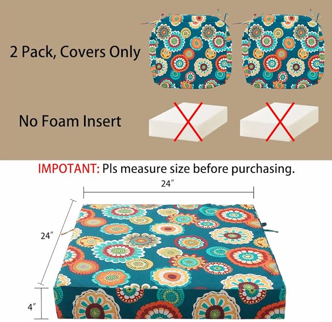 Magpie Fabrics Indoor Outdoor Cushion Cover Replacement 2 Pack, NO Insert! Water Repellent Slipcover with Ties Decor for Patio Garden Chair Sofa Bench Wicker(Floral Green, 24x24x4 Inch)