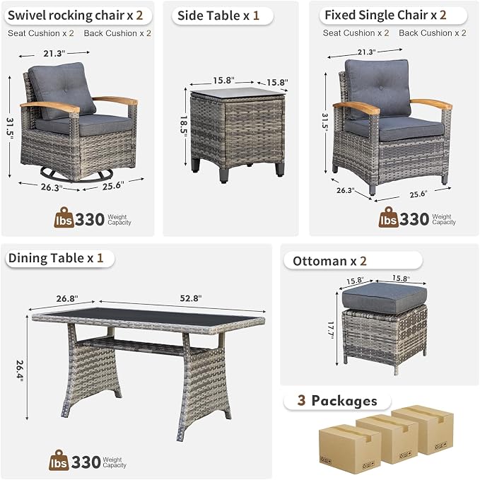 MEISSALIVVE 8 Pieces Patio Furniture Sets, PE Wicker Outdoor Conversation Sets with 2 Wood Armrests Swivel Rocker Chairs, 2 Fixed Single Chairs, 2 Ottomans and Dining Table(Grey)