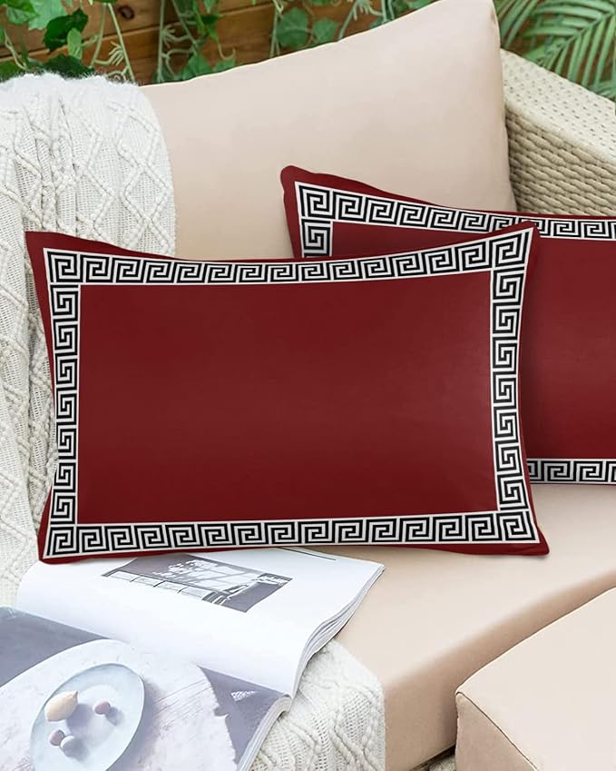 Prime Leader Outdoor Waterproof Pillow Covers Set of 2, Chinese Style Pattern Red Background Patio Throw Pillow Covers, Decorative Cushion Case for Couch Sofa Furniture Garden, 20x12 Inch