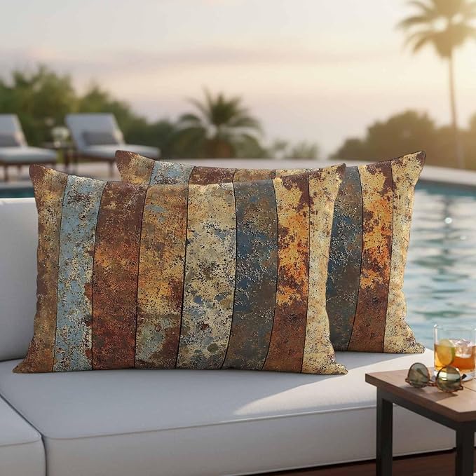 Brown Gray Outdoor Pillow Covers 20x12 Inch Lumbar Pillow Covers Set of 2 Waterproof Decorative Throw Pillow Cases Farmhouse Abstract Gradient Wooden Grain Cushion Covers for Patio Furniture Garden