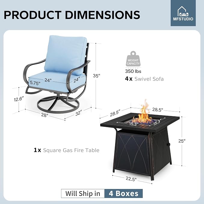 MFSTUDIO 5 Pieces Patio Conversation Sets, Outdoor Metal Furniture Sofas with 1 x 28 50,000 BTU Square Propane Fire Table and 4 x Wrought Iron Frame Swivel Chairs with Blue Cushion