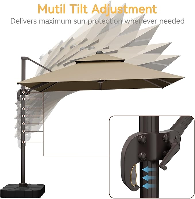 10x13 FT Patio Umbrella with Base, Large Cantilever Rectangular Double Top Heavy Duty Offset Umbrellas with 360° Rotation, Outdoor shade for Garden Deck Pool Patio, Tan