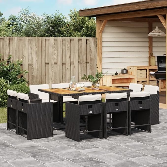 11 Piece Patio Dining Set with Cushions Black Poly Rattan Outdoor Furniture Table and 10 Foldable Chairs for Garden Backyard Deck Dining with Cream White Washable Cushion Covers 242. 5 lb Capacity