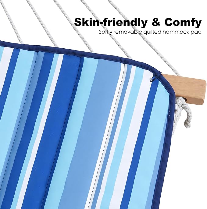 GAFETE 2 Person Hammock with Stand for Outside, 52inch Double Cotton Rope Hammock with Polyester Pad, Heavy Duty Steel Stand, Large Removable Pillow, Storage Bags, Max 475 lbs Capacity (Blue with Pad)