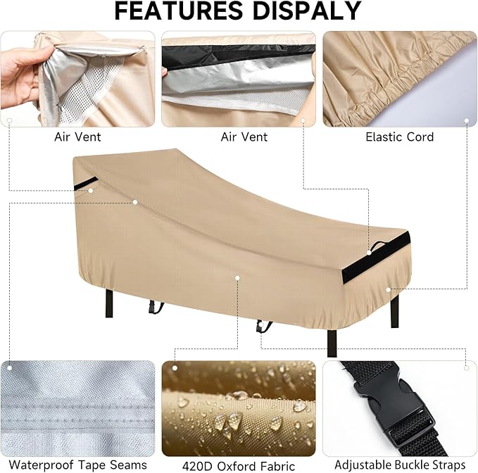NEVERLAND Chaise Lounge Cover 2 Pack - 420D Lounge Chair Covers Waterproof Outdoor with Air Vent and Adjustable Buckles All Weather Protection - 78L x 34W x 32H inch Golden