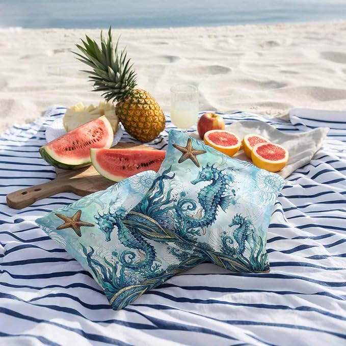 Ocean Seahorses Outdoor Pillow Covers 24x24 Inch Throw Pillow Covers Set of 2 Waterproof Decorative Pillow Cases Coastal Animals Seaweed Strafish Compass Blue Cushion Covers for Patio Furniture Garden