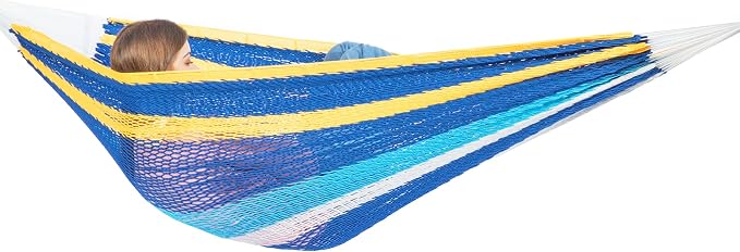PNAEUT Handwoven Mayan Hammock, Thick Soft Rope Double Hammock for Outdoor Outside & Indoor, 600 lbs Capacity Heavy-Duty, Includes Tree Straps, Carabiners & Carrying Bag (Caribbean Sea, X-Large)