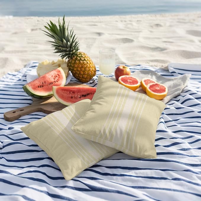 Cream Beige Striped Outdoor Pillow Covers 20x20 Inch Throw Pillow Covers Set of 2 Waterproof Decorative Pillow Cases Modern Farmhouse Retro Lines Cushion Covers for Patio Furniture Garden Couch Sofa