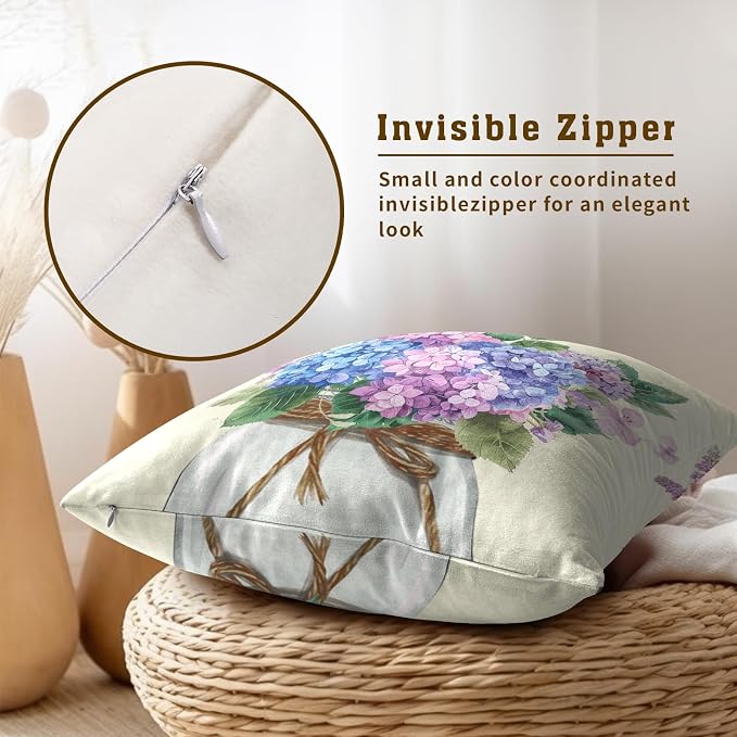 Hydrangea Flower Throw Pillow Cover Set of 2 22x22 Inch Vintage Blue Purple Floral Jar Watercolor Decorative Couch Pillow Cushion Case for Outdoor Patio Living Room Bedroom Decor