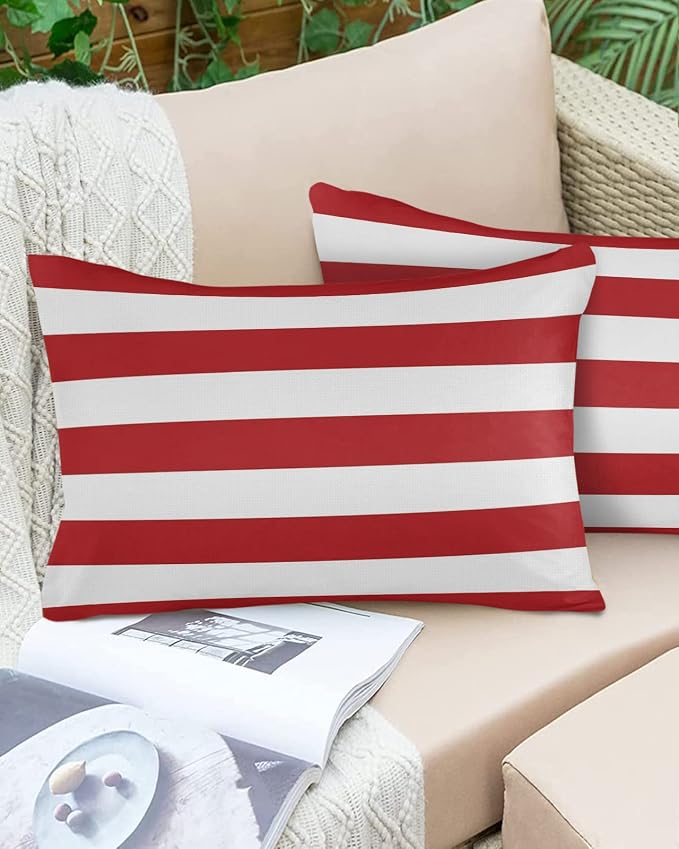Outdoor Waterproof Throw Pillow Covers Set of 2 Red White Stripe Lumbar Pillowcases 20x12 Inches Simple Style Striped Decorative Pillows Cushion Case Patio Pillows for Couch Bed Chair Garden