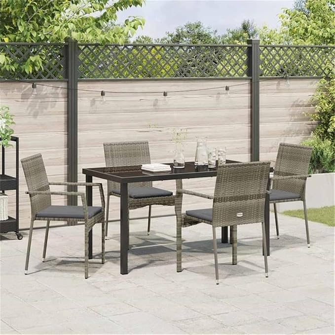 Afuera Living 5 Piece Poly Rattan Garden Dining Set, Gray Cushions, Tempered Glass Tabletop, Powder-Coated Steel Frame, Modern Outdoor Furniture for Patio or Garden, Seating Capacity 4,