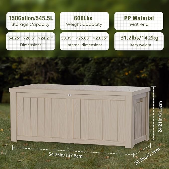 Outdoor Storage Box Waterproof, 150 Gallon Lockable Resin Deck Box Large, Patio Storage Bin for Pool Accessories Cushion Furniture, Garden Tools, UV-Resistant Outside Delivery Grey