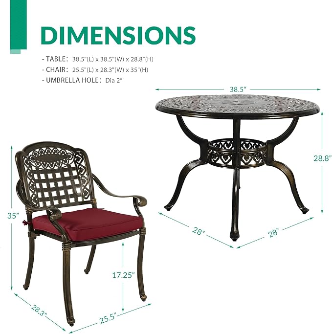 VIVIJASON 5-Piece Patio Furniture Dining Set, All-Weather Cast Aluminum Outdoor Conversation Set, Include 4 Cushioned Chairs and 1 Round Table w/Umbrella Hole for Balcony, Lawn, Backyard, Red Cushion