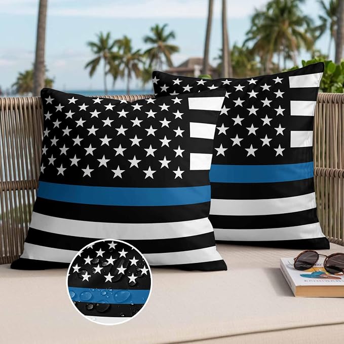 Blue Outdoor Waterproof Throw Pillow Covers Set of 2, 20"x20", Line Flag American Police Flag Honoring Law Enforcement Officers Decorative Pillow Covers Outside Cushion Case for Patio Porch Garden