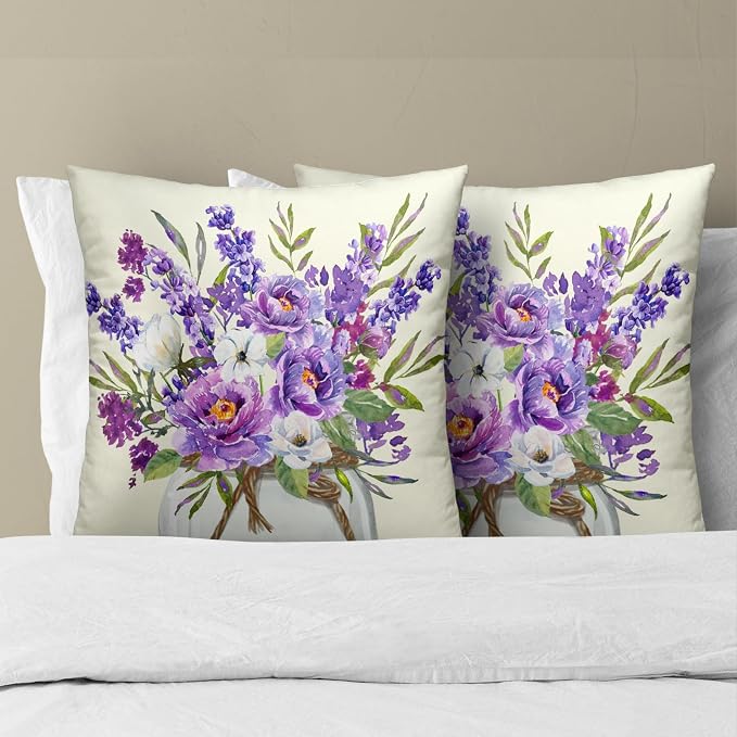 Lavender Throw Pillow Cover 22x22 Inches Summer Delicate Flowers Purple Botanical Bunch Plant Square Pillowcases Outdoor Sofa Bed Decor Cushion Covers for Home