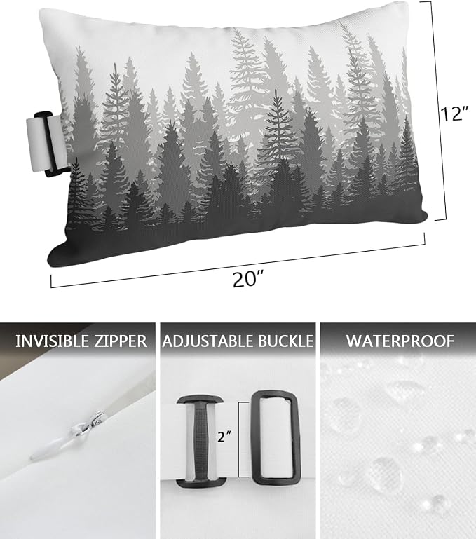 Outdoor Pillows Covers with Inserts Forest Tree Silhouette Dark Gray Abstract Gradient Waterproof Pillow with Adjustable Strap Throw Pillows for Patio Furniture Recliner Lounge Chair, 12x20 inch, 1PCS