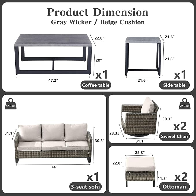 Belord 7 PCS Outdoor Furniture Set, Mixed Grey Wicker, Beige Cushion, Includes Swivel Rocker Chairs, Sofa, Ottomans, Water-Resistant